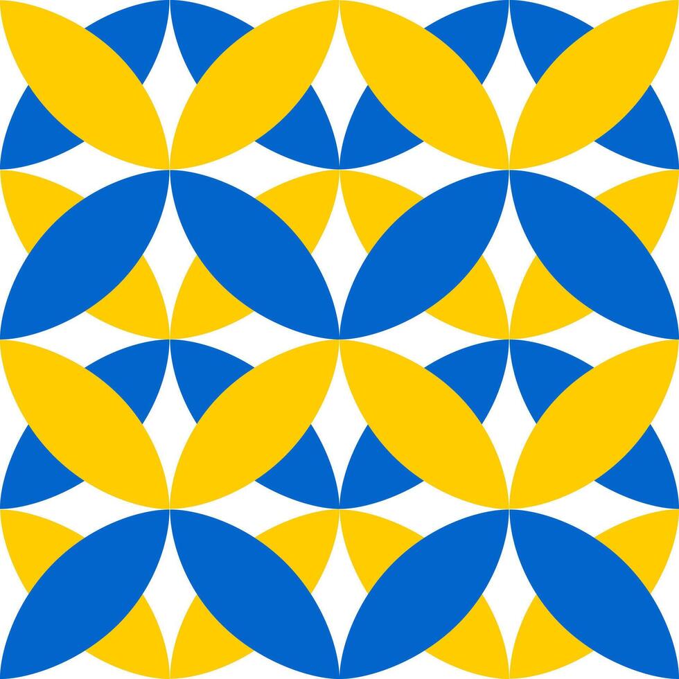 Geometric symmetrical seamless pattern with blue and yellow shapes on a white background. vector