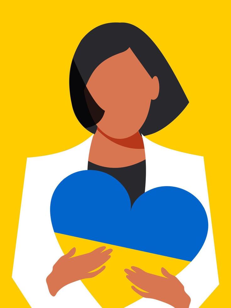 un hermosa elegante mujer sostiene en su manos un corazón en el color de el Ucrania bandera en un amarillo vertical antecedentes. vector