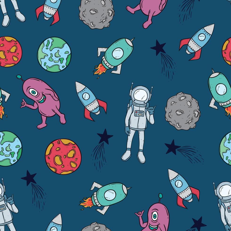 seamless pattern of doodle outer space elements vector