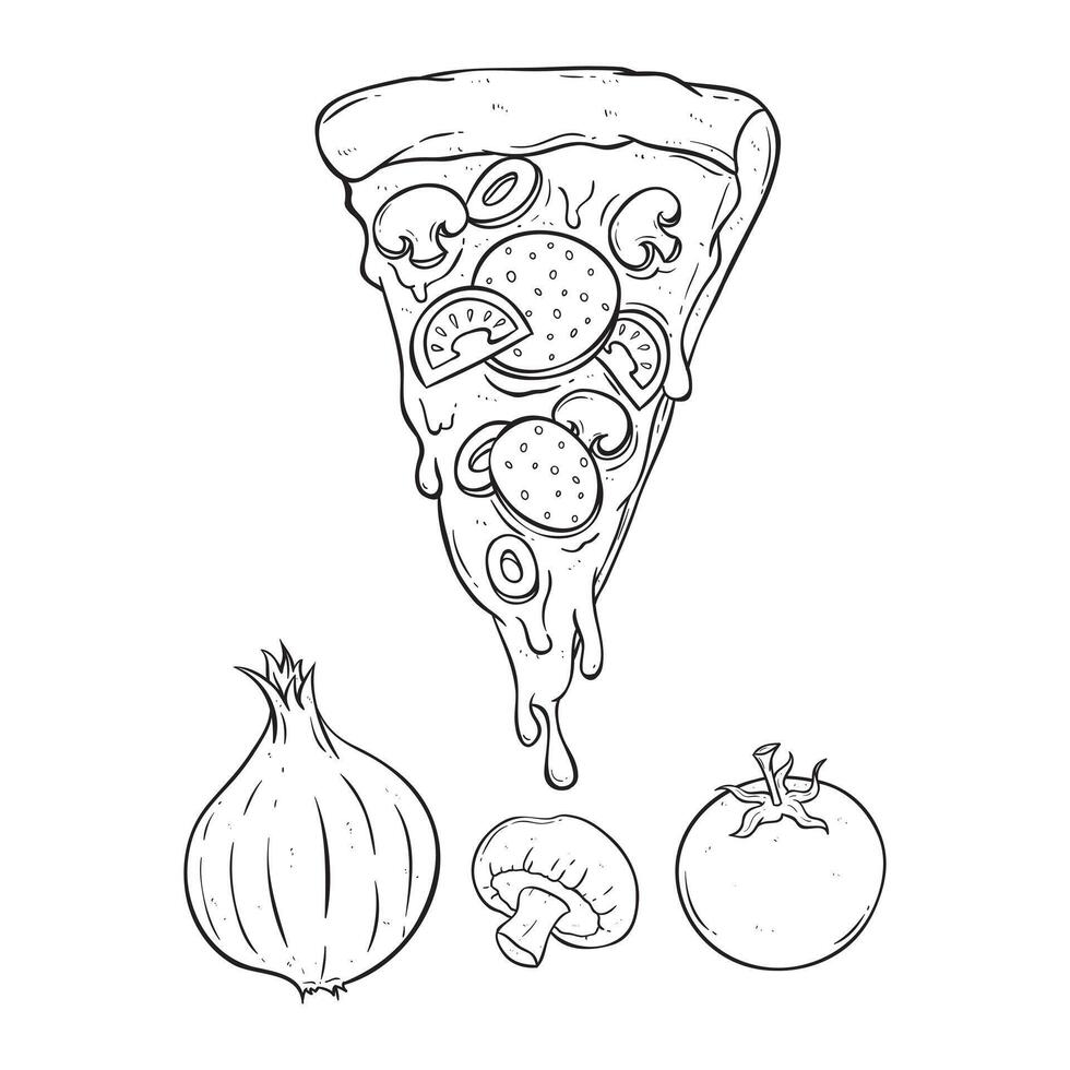 hand drawing delicious slice pizza with lots of topping vector