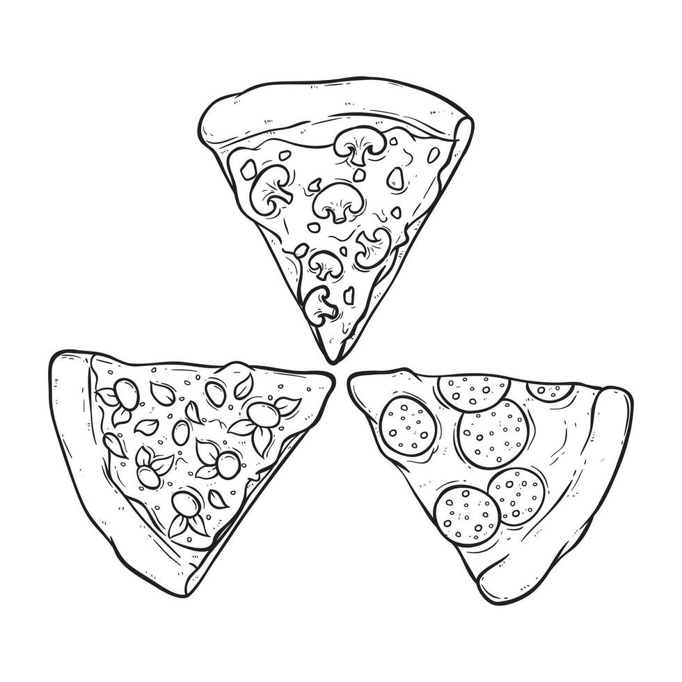 hand drawing delicious slice pizza with lots of topping vector