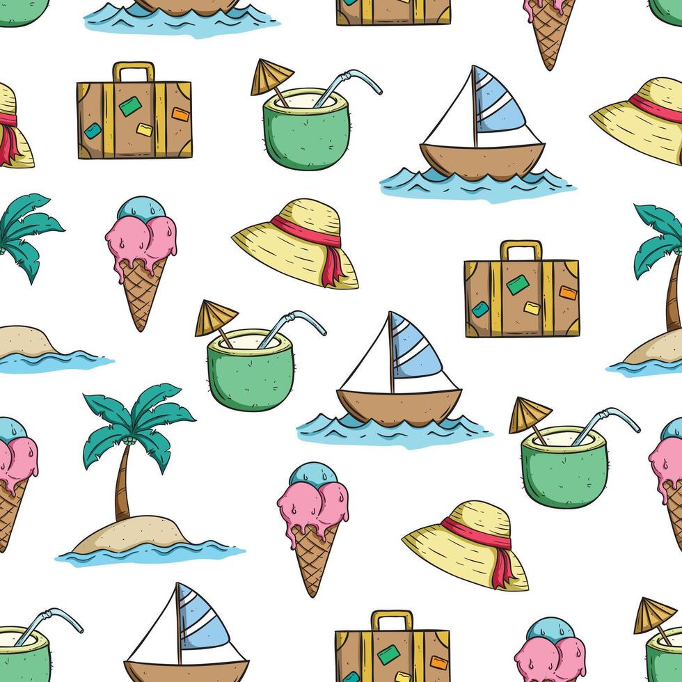 doodle summer icons or elements in seamless pattern vector