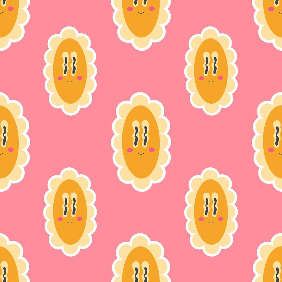 Bright cartoon groovy chamomile in 2000s style seamless pattern on a pink background vector