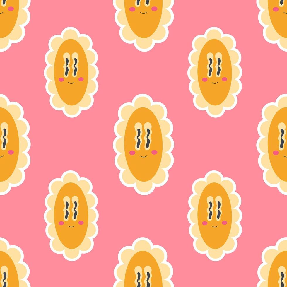 Bright cartoon groovy chamomile in 2000s style seamless pattern on a pink background vector