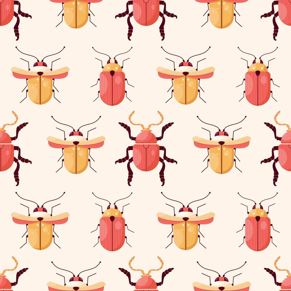 Red and yellow beetles on a light background seamless pattern vector
