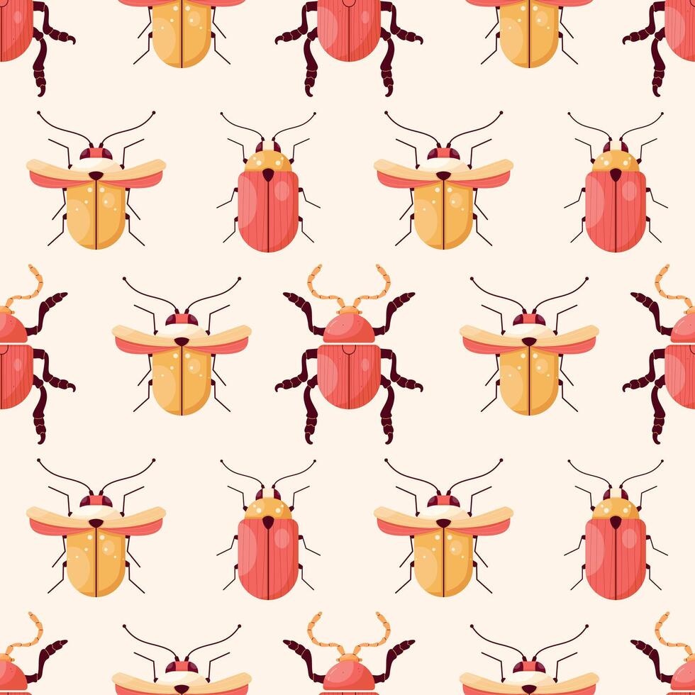 Red and yellow beetles on a light background seamless pattern vector