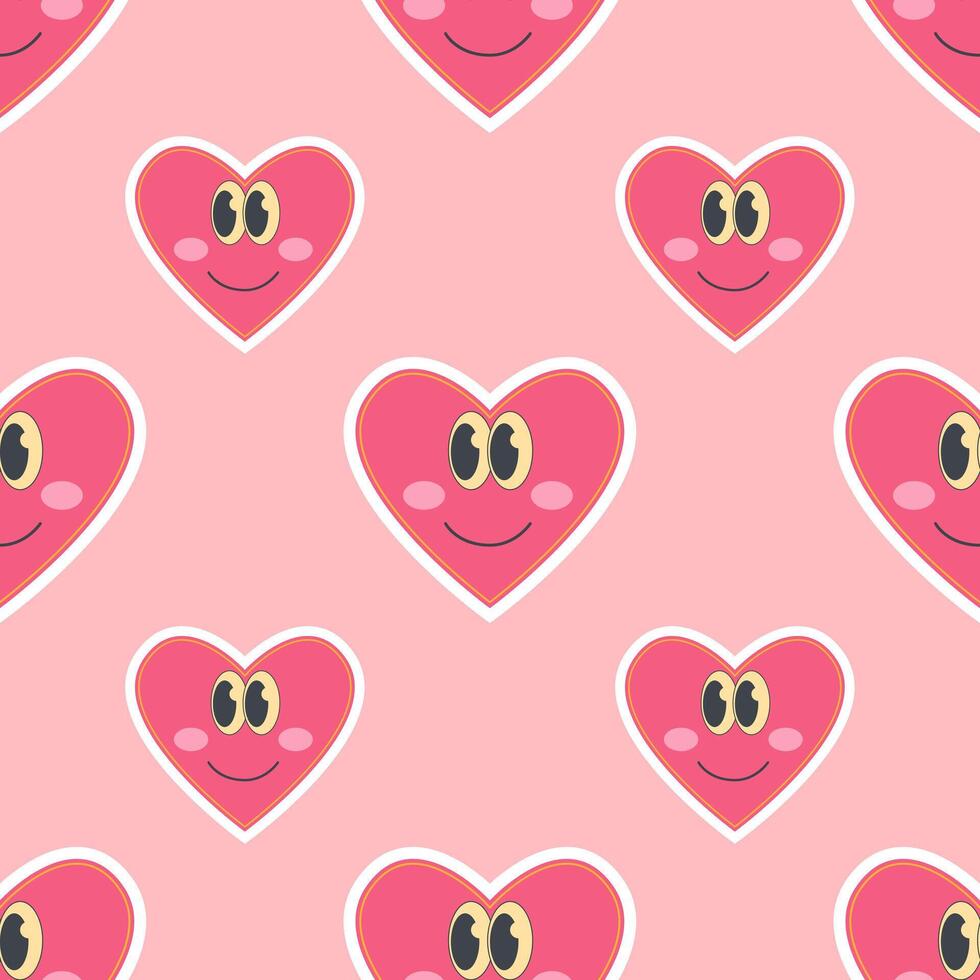 Bright cartoon groovy hearts in 2000s style seamless pattern on a pink background vector