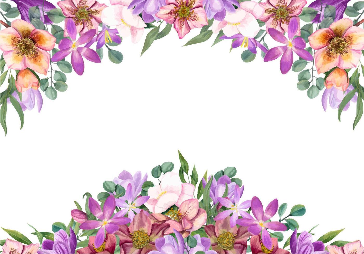 Unusual floral frame with watercolor hellebores, crocuses, eucalyptus. Botanical illustration for postcard design, invitation template, greetings. vector