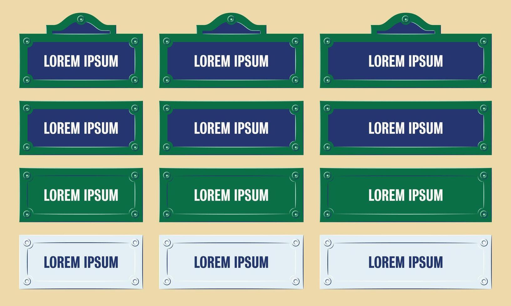 Parisian Street Signs, Name Plate Collection of Different Sizes, Paris Avenue Plate of Green, White and Blue Color. Famous City Design Details. vector