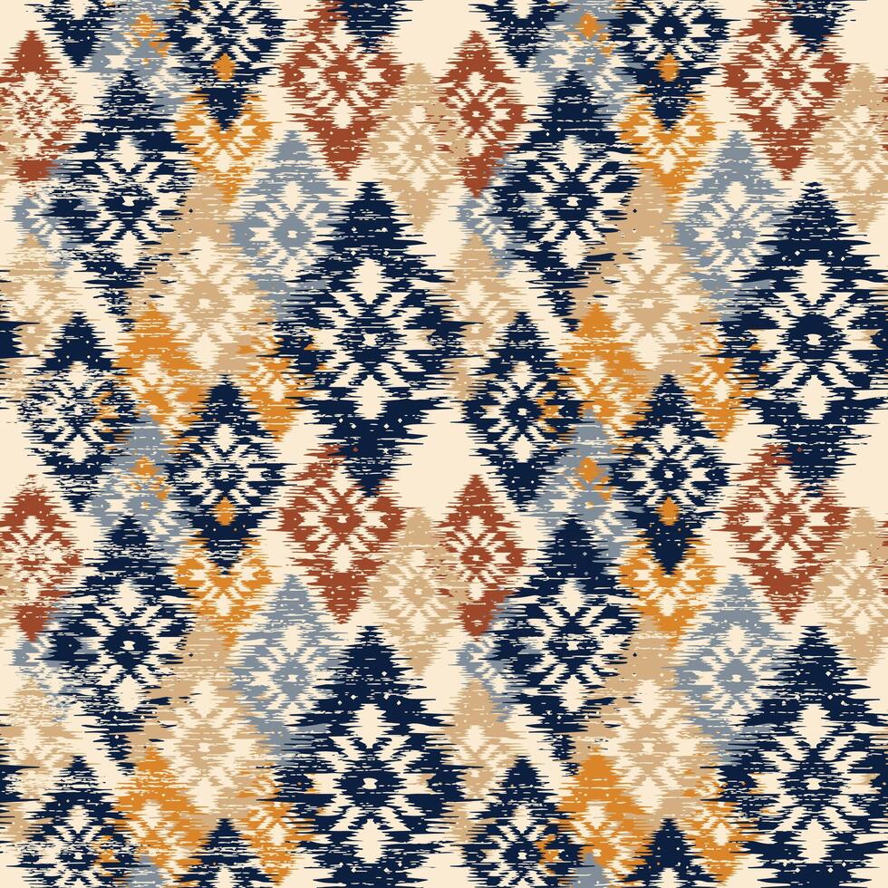 arte abstracto étnico ikat. patrón impecable en estilo tribal, bordado folclórico y mexicano. estampado de adornos de arte geométrico azteca.diseño para alfombras, papel pintado, ropa, envoltura, tela, cubierta, textil vector