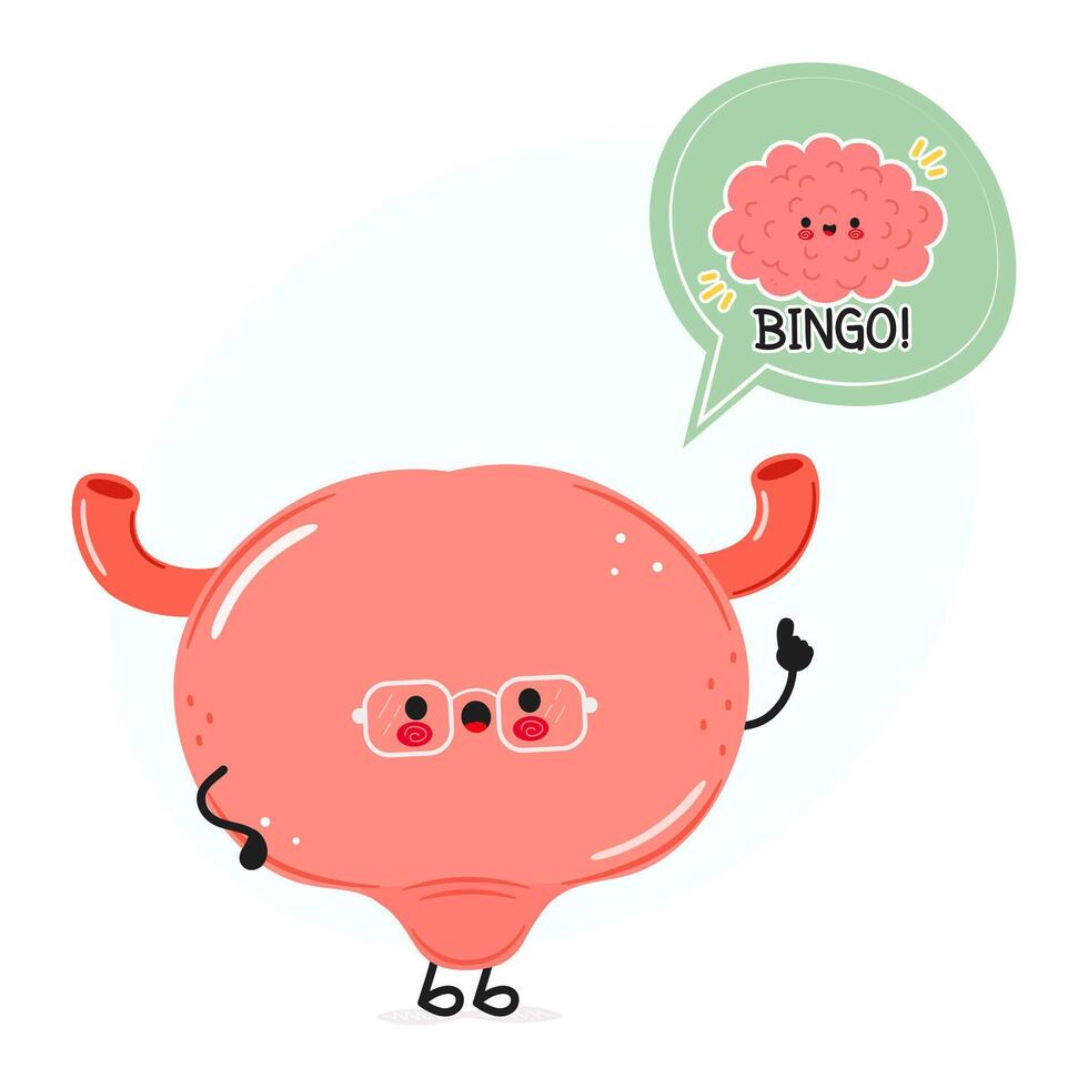 Bladder with speech bubble and brain character. Hand drawn cartoon kawaii character illustration. Isolated white background. Bladder poster and brain vector