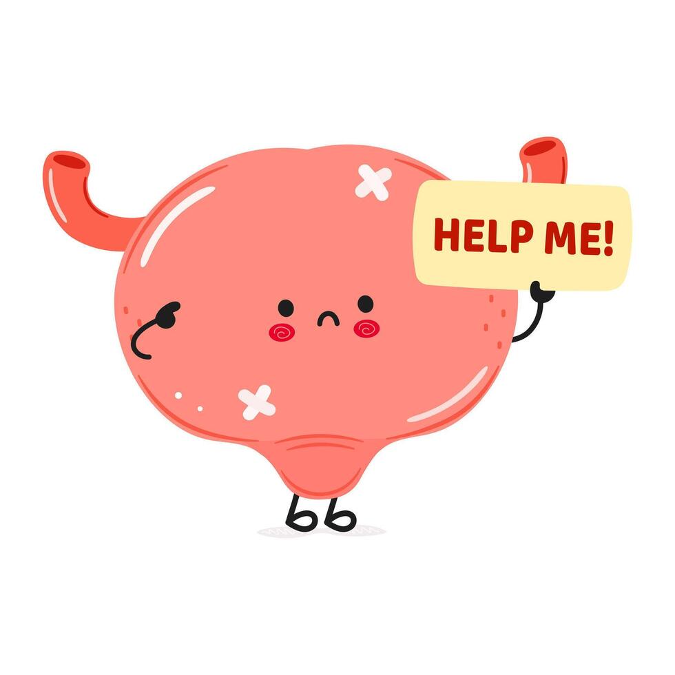 Cute sad sick Bladder asks for help character. Hand drawn cartoon kawaii character illustration icon. Isolated on white background. Suffering unhealthy Bladder character concept vector