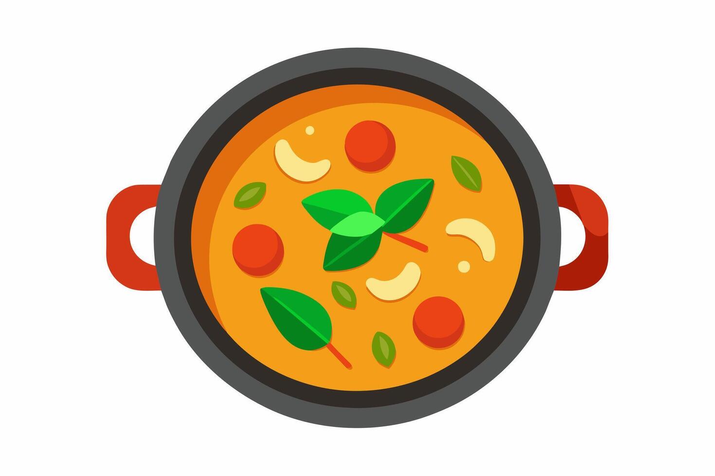 Thai curry in bowl with chicken, basil leaves, chili peppers. Traditional Thai meal. Concept of authentic Asian cuisine, national dish, spicy food. Graphic art. Isolated vector