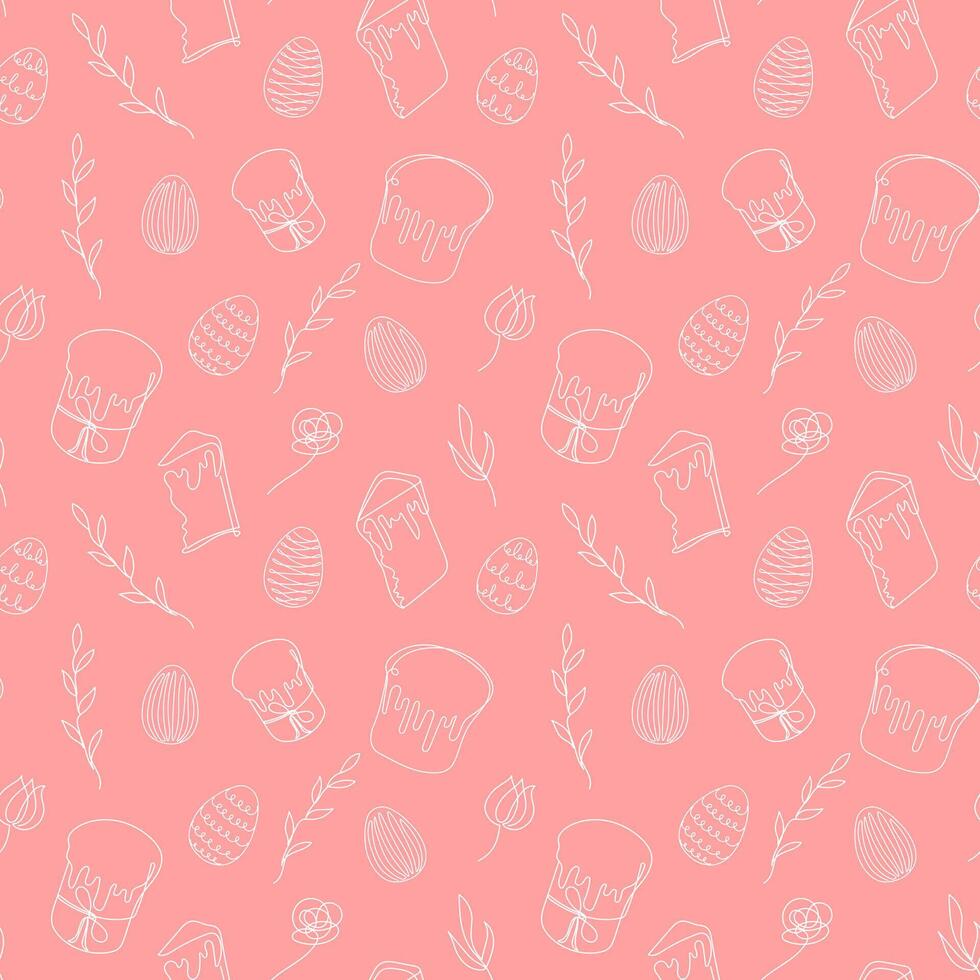 Seamless pattern of Easter eggs, Easter Kulich cakes and floral elements. Continuous one line drawing. Red backdrop. Festive design. Easter decoration, wrapping paper, greeting, textile, print vector