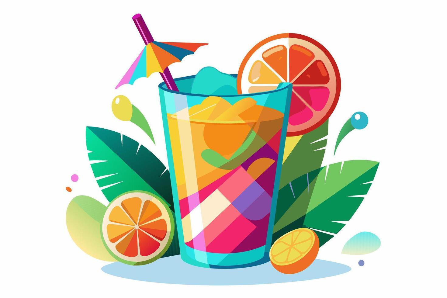 Refreshing tropical cocktail isolated on white background. Vibrant fruit drink in floral setting. Concept of summer drinks, exotic beverages, leisure. Design element. Print. Graphic illustration. vector