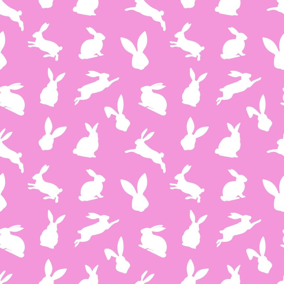 Easter seamless pattern of white rabbit silhouettes in different actions. Festive Easter bunnies design. Isolated on pink background. For Easter decoration, wrapping paper, greeting, textile, print vector