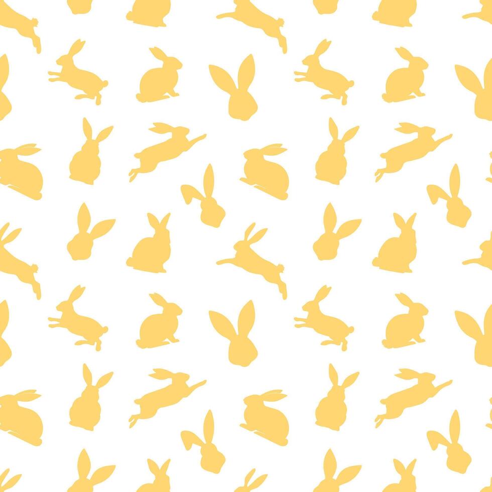 Easter seamless pattern of yellow rabbit silhouettes in different actions. Festive Easter bunnies design. Isolated on white background. For Easter decoration, wrapping paper, greeting, textile, print vector