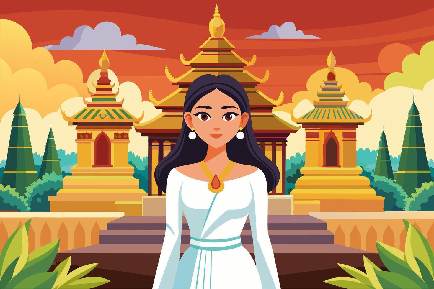 Thai woman in traditional white attire against backdrop of Buddhist temple. Graphic art. Concept of spirituality, tradition, Asian culture, peaceful meditation vector