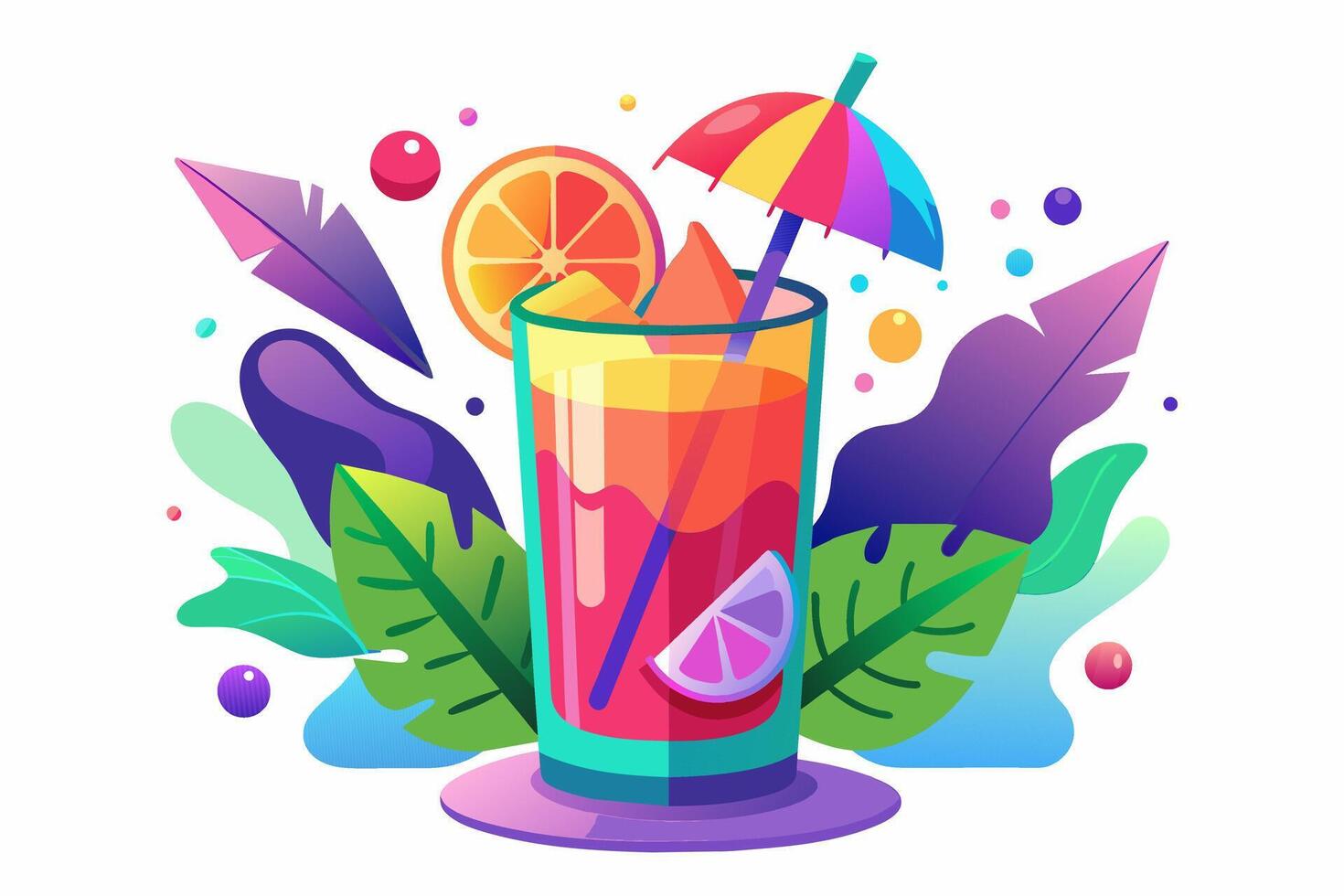 Refreshing tropical cocktail isolated on white background. Vibrant fruit drink in floral setting. Concept of summer drinks, exotic beverages, leisure. Design element. Print. Graphic art vector