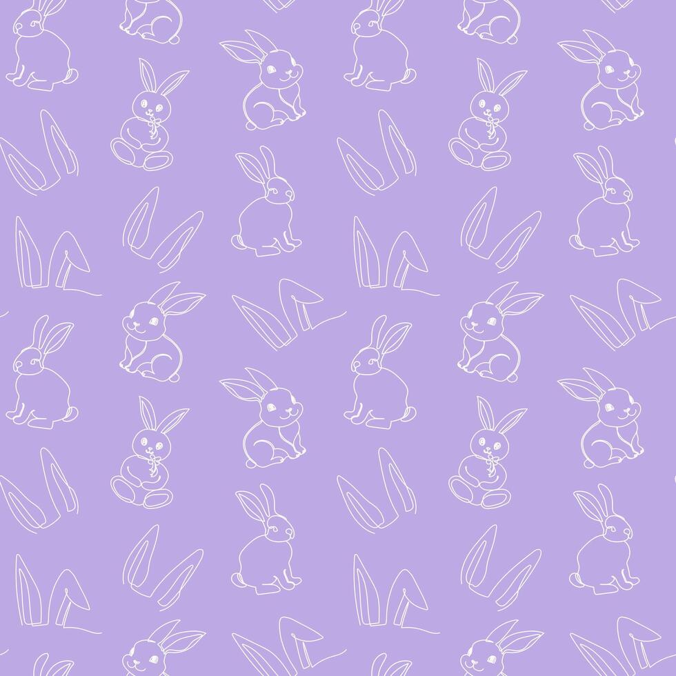 Seamless pattern of hand-drawn rabbits and ears. Festive Easter bunnies design. Continuous one line drawing. Isolated on purple backdrop. Easter decoration, wrapping paper, greeting, textile, print vector