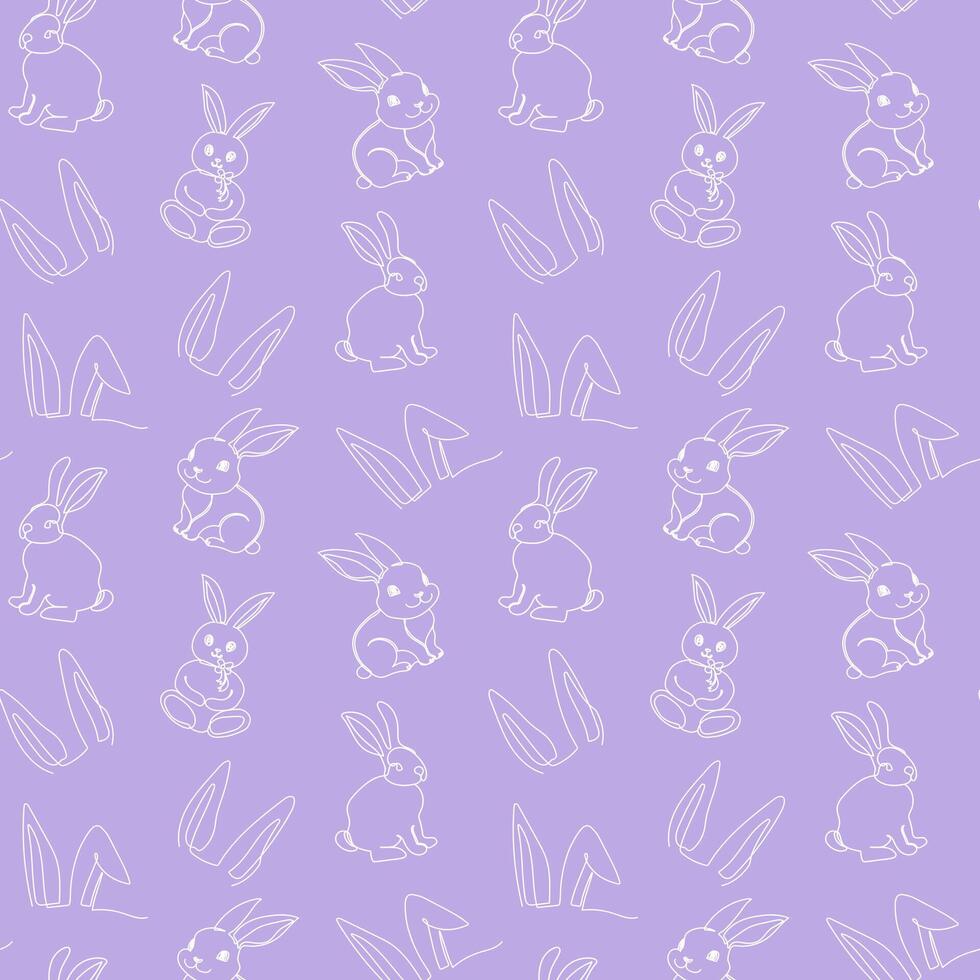 Seamless pattern of hand-drawn rabbits and ears. Festive Easter bunnies design. Continuous one line drawing. Isolated on purple backdrop. Easter decoration, wrapping paper, greeting, textile, print vector