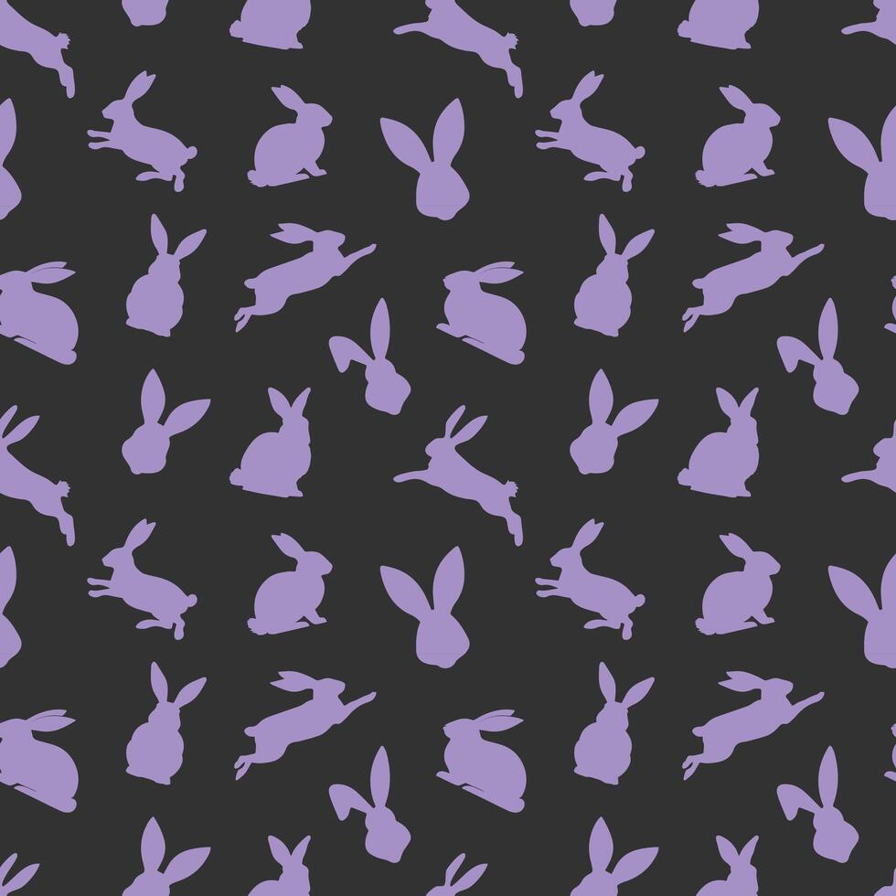 Easter seamless pattern of purple rabbit silhouettes in different actions. Festive Easter bunnies design. Isolated on black background. For Easter decoration, wrapping paper, greeting, textile, print vector