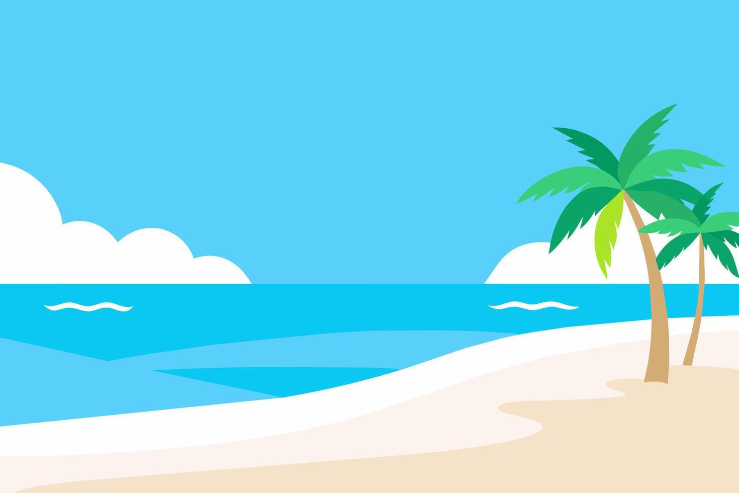 Tropical beach landscape with palm trees and ocean view. Serene coastal scene. Concept of travel, summer vacation, and peaceful beaches. Graphic illustration vector