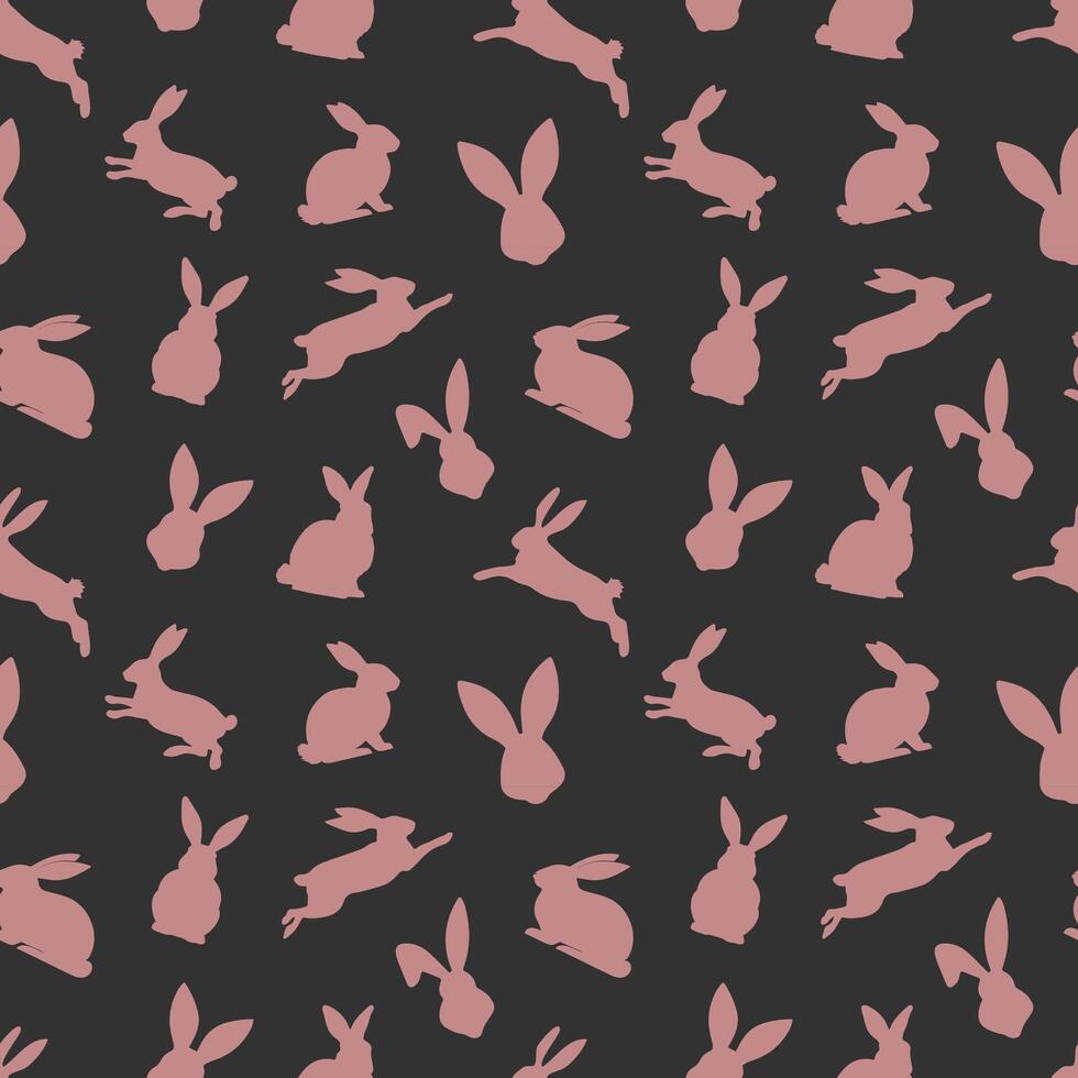 Easter seamless pattern of red rabbit silhouettes in different actions. Festive Easter bunnies design. Isolated on black background. For Easter decoration, wrapping paper, greeting, textile, print vector