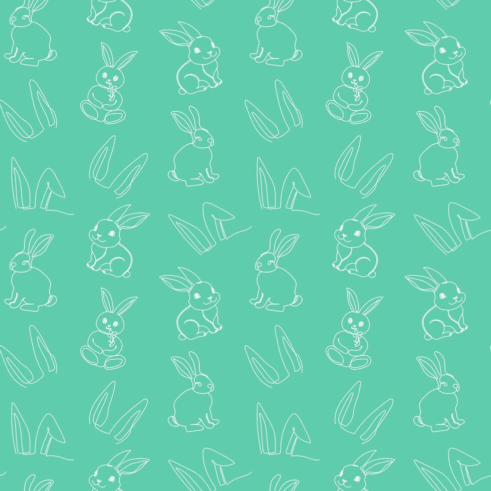 Seamless pattern of hand-drawn rabbits and ears. Festive Easter bunnies design. Continuous one line drawing. Isolated on green backdrop. For Easter decoration, wrapping paper, greeting, textile, print vector