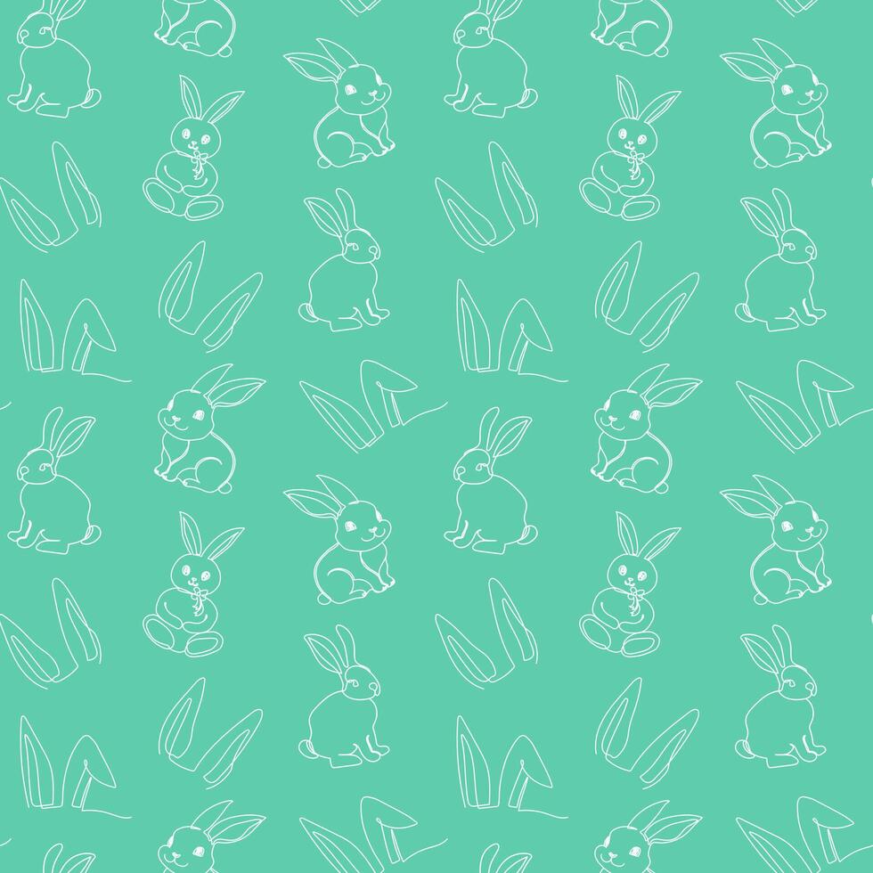 Seamless pattern of hand-drawn rabbits and ears. Festive Easter bunnies design. Continuous one line drawing. Isolated on green backdrop. For Easter decoration, wrapping paper, greeting, textile, print vector