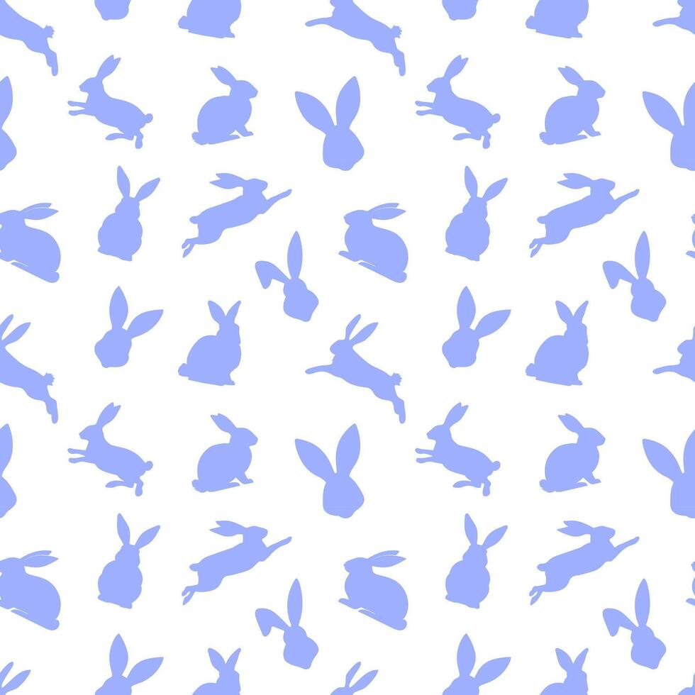 Easter seamless pattern of blue rabbit silhouettes in different actions. Festive Easter bunnies design. Isolated on white background. For Easter decoration, wrapping paper, greeting, textile, print vector