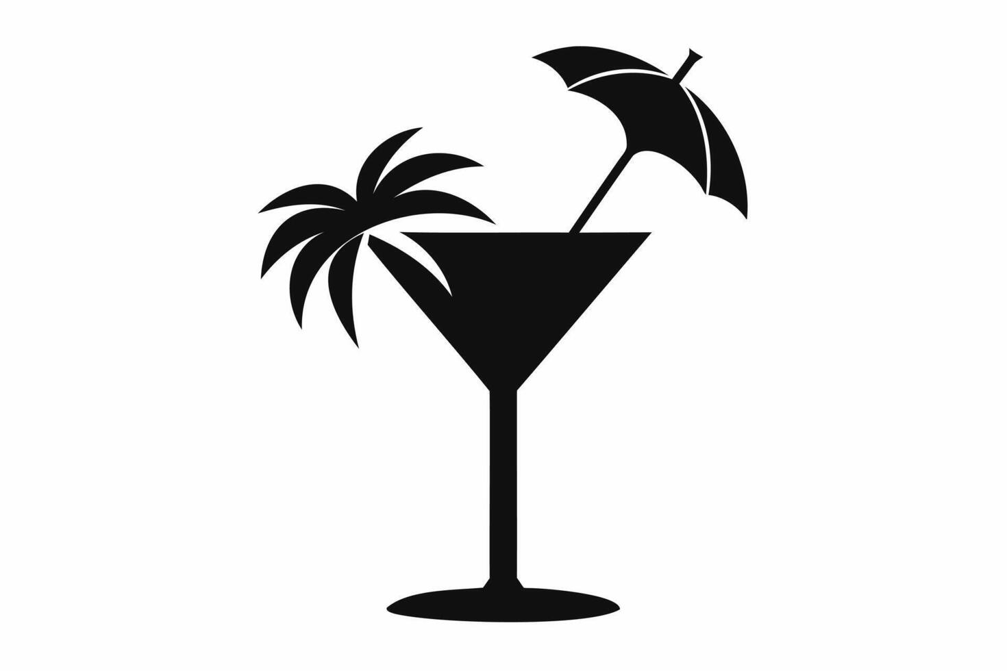 Silhouette design of a tropical cocktail glass with umbrella decoration. Icon of beach drink. Black illustration isolated on white background. Print, logo, pictogram. Concept of vacation, beach drinks vector