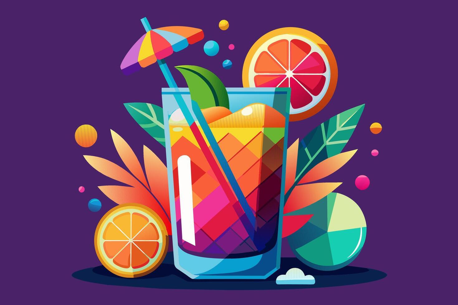 refrescante tropical cóctel en contra púrpura antecedentes. vibrante bebida en floral ajuste. concepto de verano bebidas, refrescante bebidas, exótico cócteles, ocio. gráfico ilustración vector