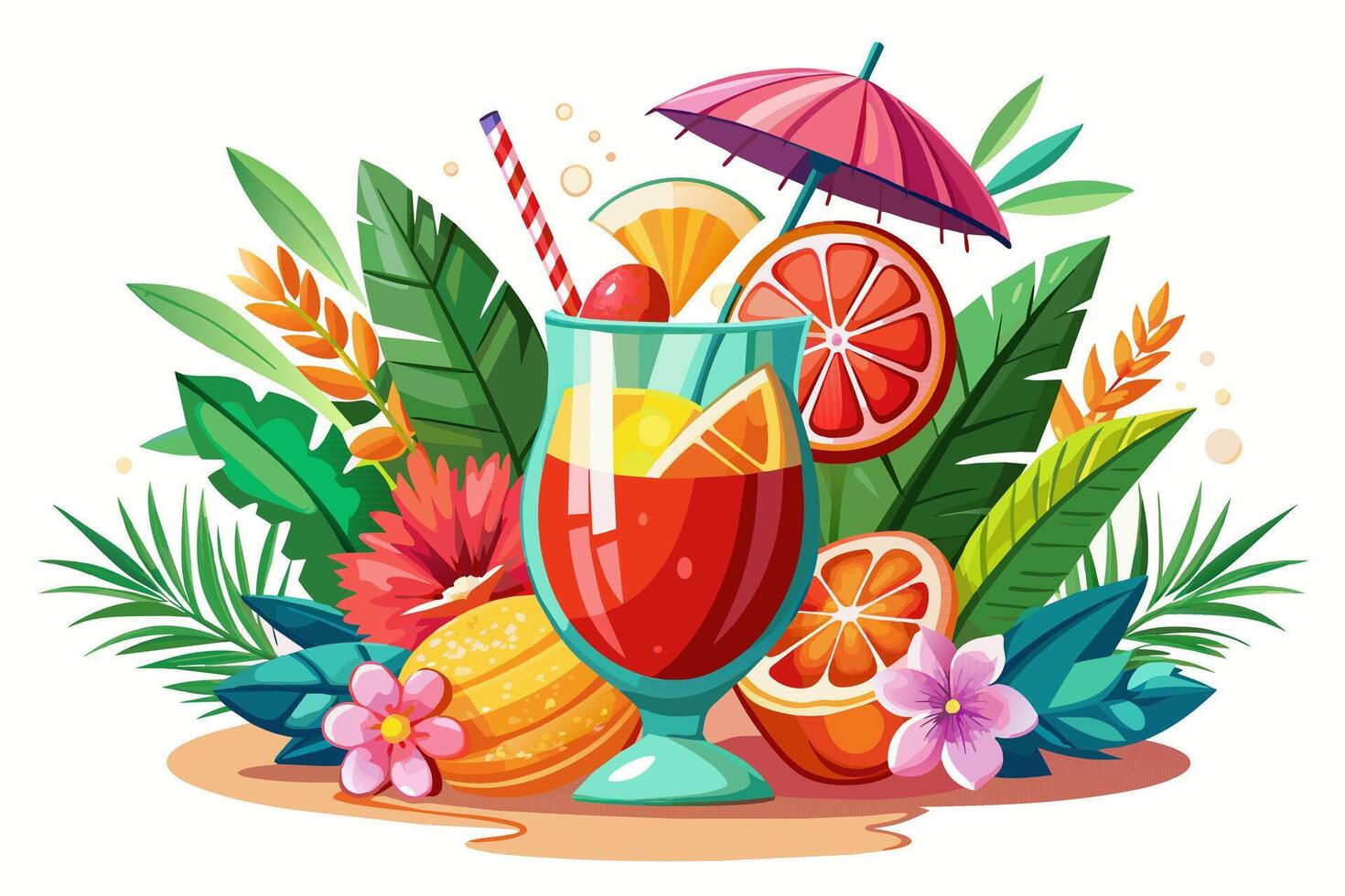 Refreshing tropical cocktail isolated on white backdrop. Vibrant fruit drink in floral setting. Concept of summer drinks, exotic beverages, leisure. Design element. Print. Graphic illustration. vector