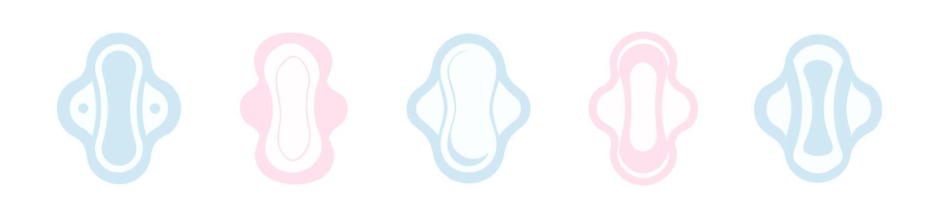 Set of sanitary pads with wings. Illustration of sanitary napkins. Feminine hygiene pads isolated on white background. Concept of menstrual care, personal hygiene. Design elements vector