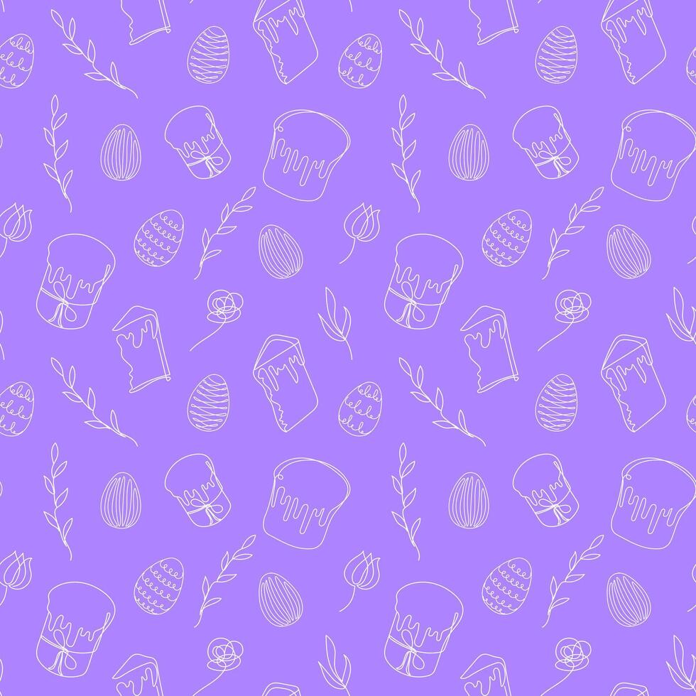 Seamless pattern of Easter eggs, Easter Kulich cakes and floral elements. Continuous one line drawing. Purple backdrop. Festive design. Easter decoration, wrapping paper, greeting, textile, print vector