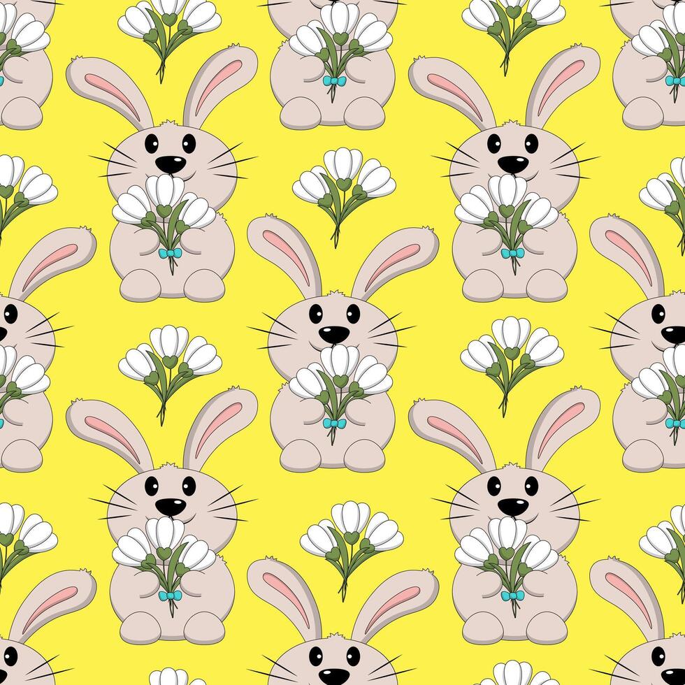 Seamless pattern with Cute Rabbit with bouquet snowdrop vector