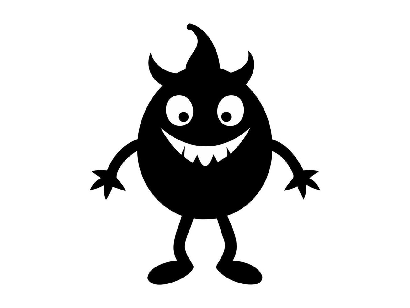 Black Silhouette of a mischievous cartoon monster. Playful devil figure. Isolated on white backdrop Concept of Halloween character, cartoon villain, spooky fun, children's fantasy vector