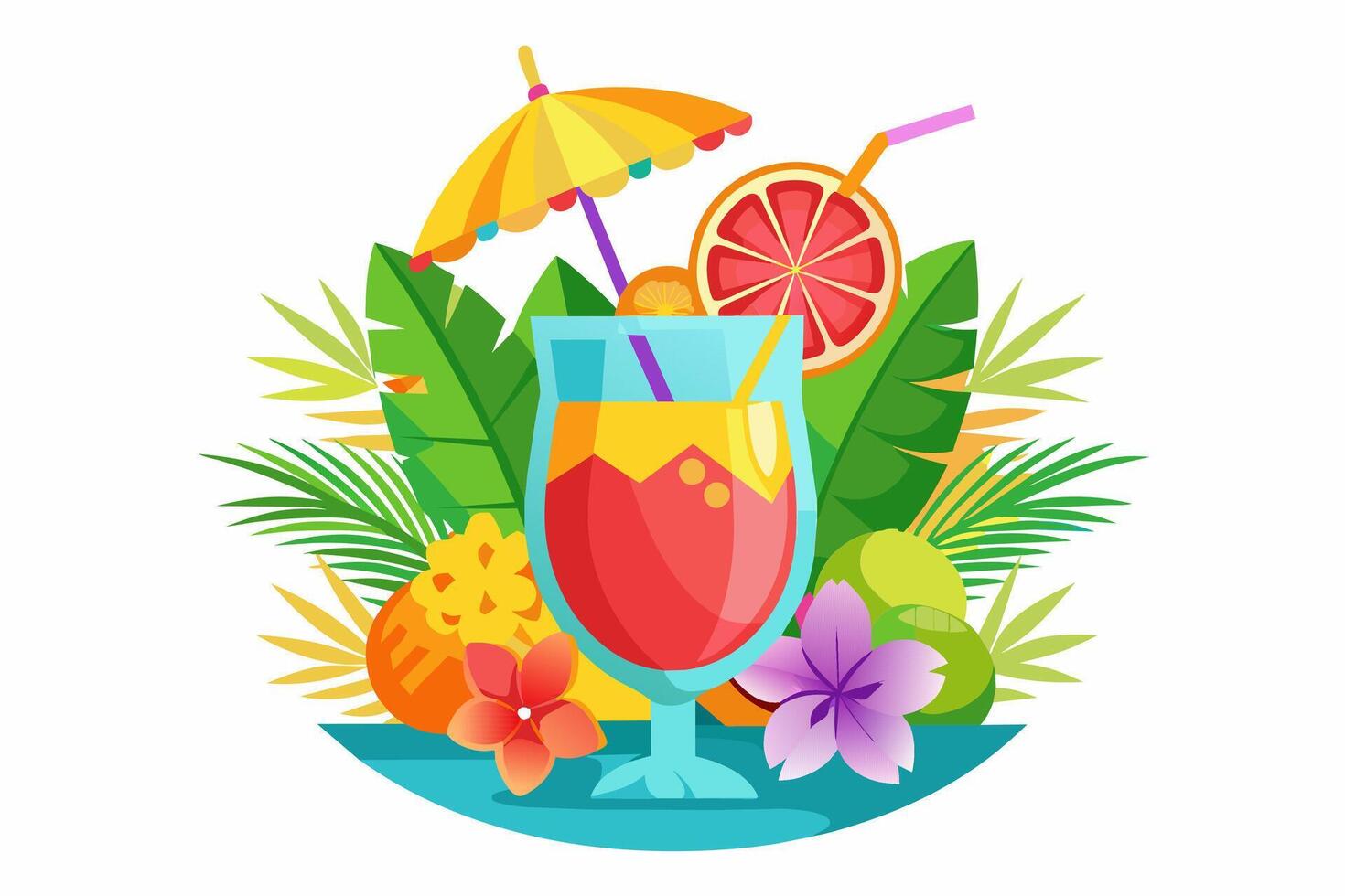 Refreshing tropical cocktail isolated Vibrant fruit drink in floral setting. Concept of summer drinks, exotic beverages, leisure. Design element. Print. Graphic illustration. vector
