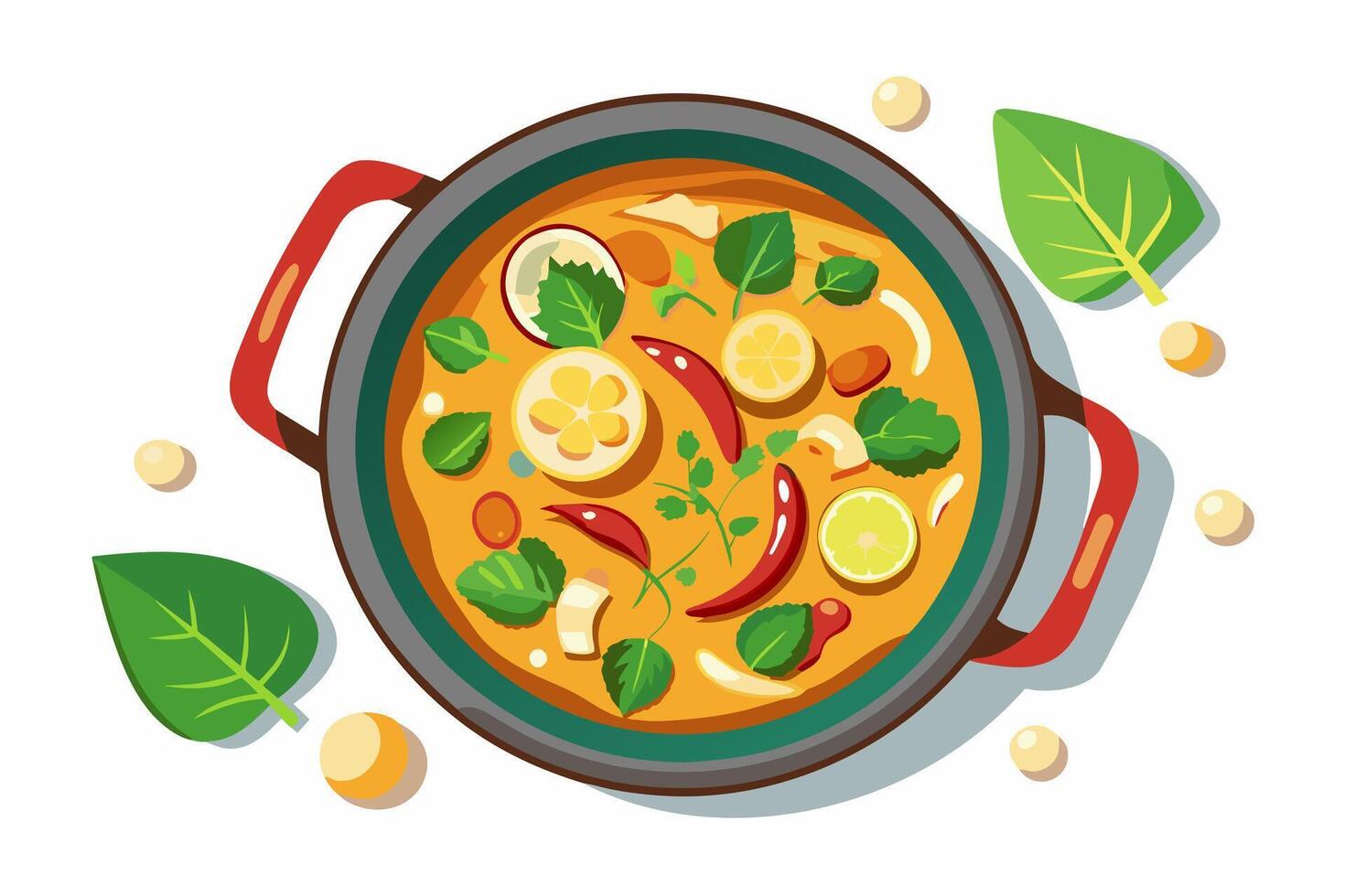 Thai curry in bowl with chicken, basil leaves, chili peppers. Traditional Thai meal. Concept of authentic Asian cuisine, national dish, spicy food. Graphic illustration. Isolated on white background vector