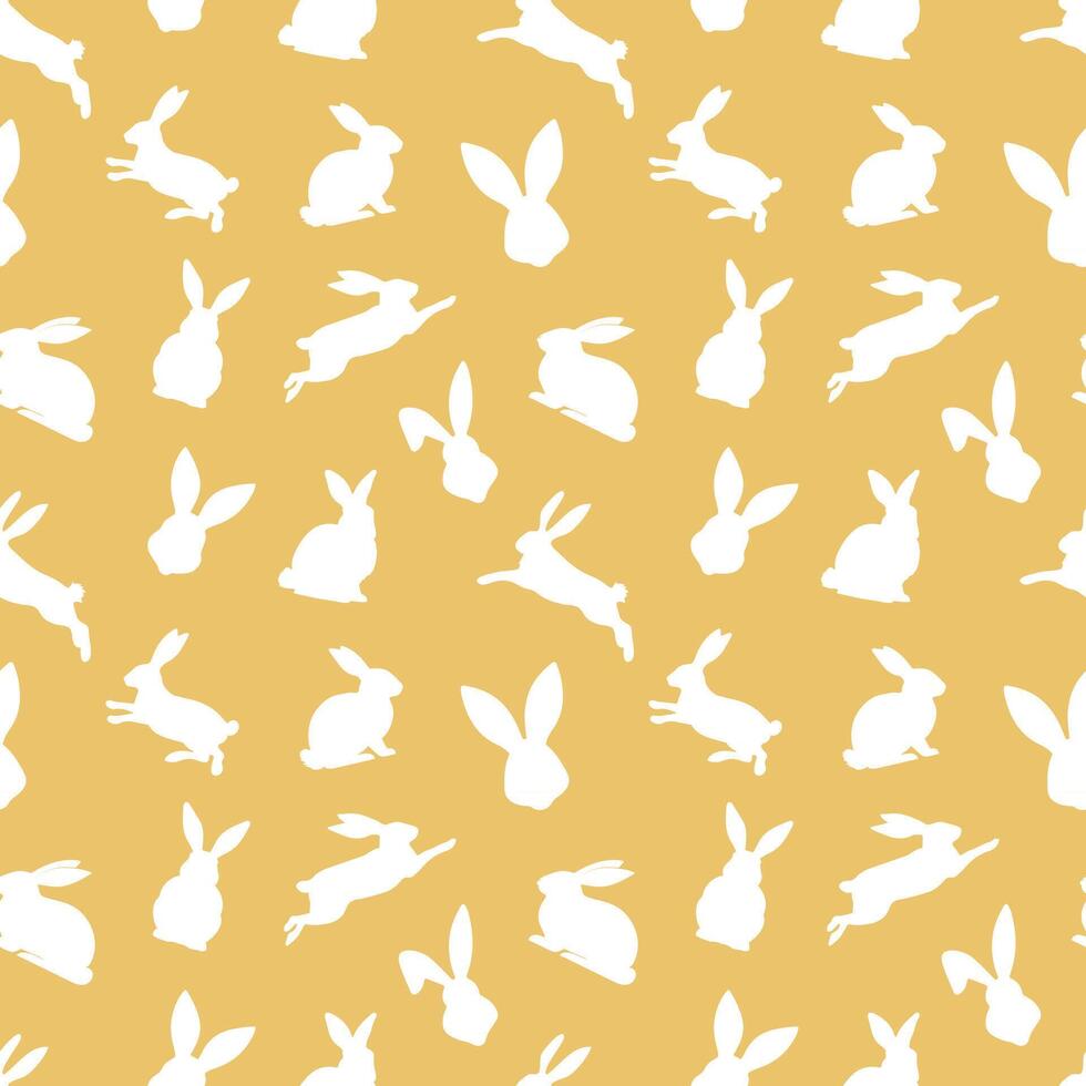 Easter seamless pattern of white rabbit silhouettes in different actions. Festive Easter bunnies design. Isolated on yellow background. For Easter decoration, wrapping paper, greeting, textile, print vector