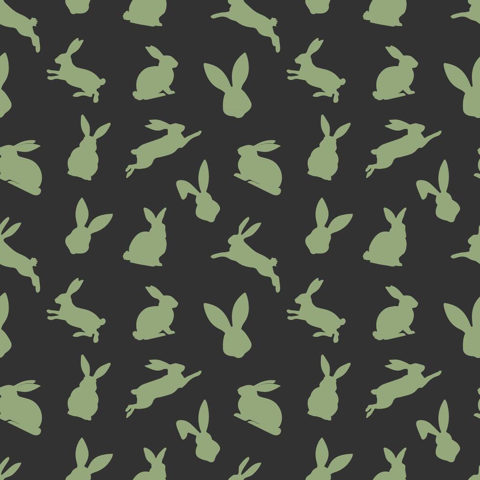 Easter seamless pattern of green rabbit silhouettes in different actions. Festive Easter bunnies design. Isolated on black backdrop. For Easter decoration, wrapping paper, greeting, textile, print vector