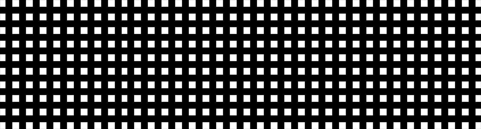 Black and white grid pattern. Monochromatic square grid. Perfectly aligned squares in repeatable pattern. Wide banner. Geometric backdrop, digital wallpaper. Optical illusion. Rhythm and balance vector