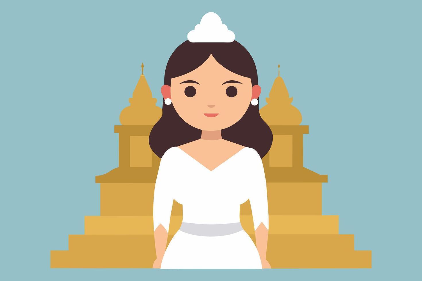 Thai woman in traditional white attire against backdrop of Buddhist temple. Simple Graphic art. Concept of spirituality, tradition, Asian culture, peaceful meditation vector