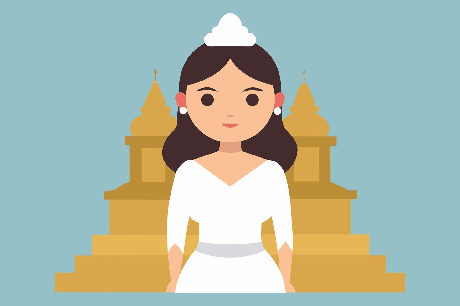 tailandés mujer en tradicional blanco atuendo en contra fondo de budista templo. sencillo gráfico Arte. concepto de espiritualidad, tradición, asiático cultura, pacífico meditación vector