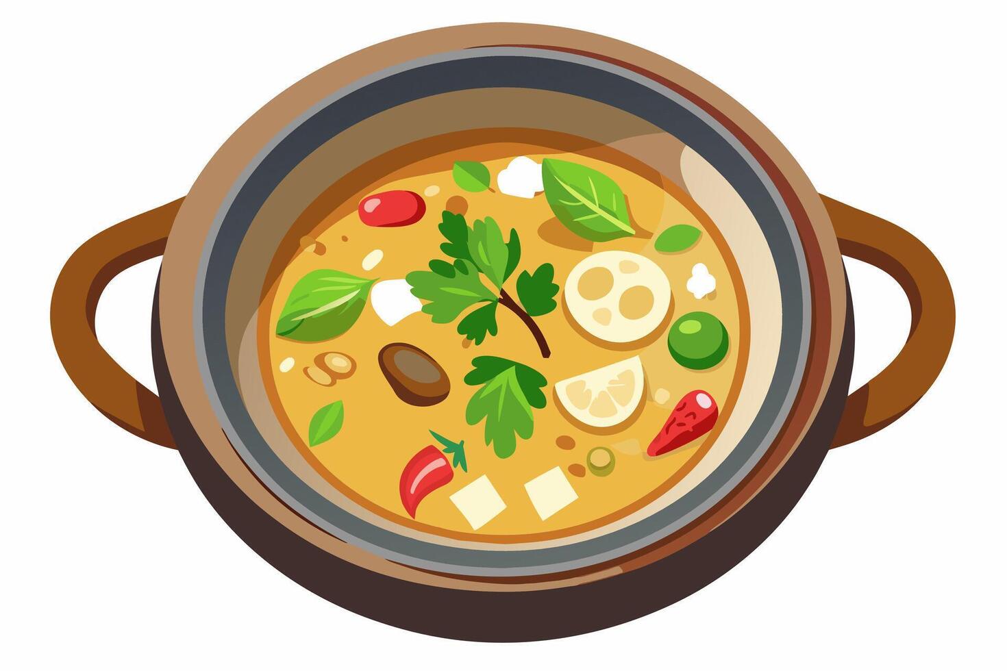 Tom Kha Gai in bowl with chicken, mushrooms in coconut milk broth. Traditional Thai coconut soup with fresh herbs. Concept of authentic Asian cuisine. Graphic illustration. Isolated on white vector