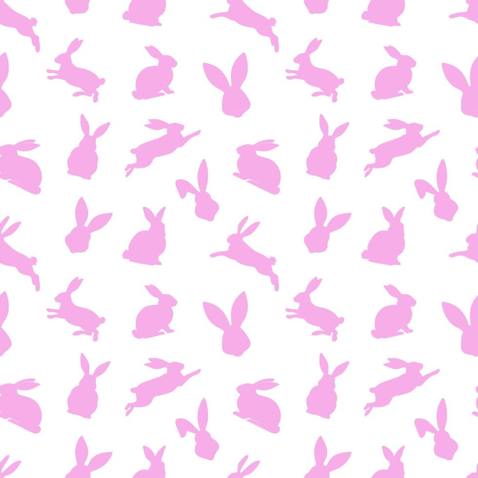 Easter seamless pattern of pink rabbit silhouettes in different actions. Festive Easter bunnies design. Isolated on white background. For Easter decoration, wrapping paper, greeting, textile, print vector