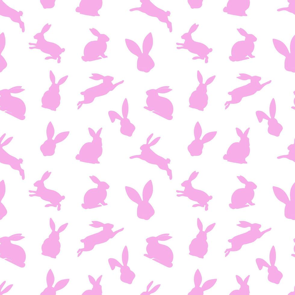 Easter seamless pattern of pink rabbit silhouettes in different actions. Festive Easter bunnies design. Isolated on white background. For Easter decoration, wrapping paper, greeting, textile, print vector