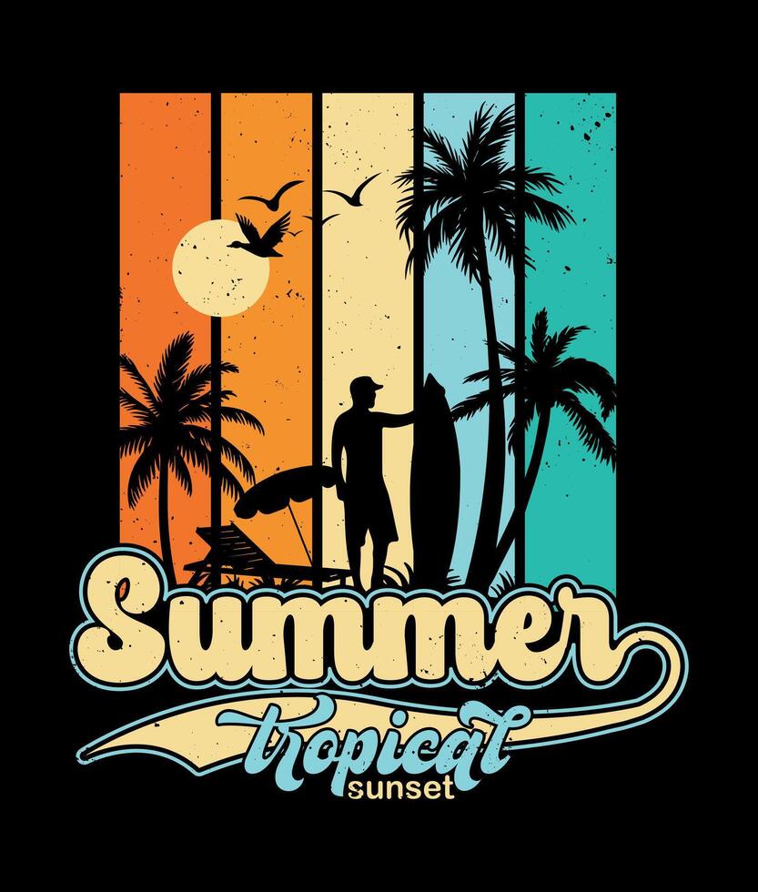 T-shirt design of summer tropical sunset surf in retro vintage style t shirt vector