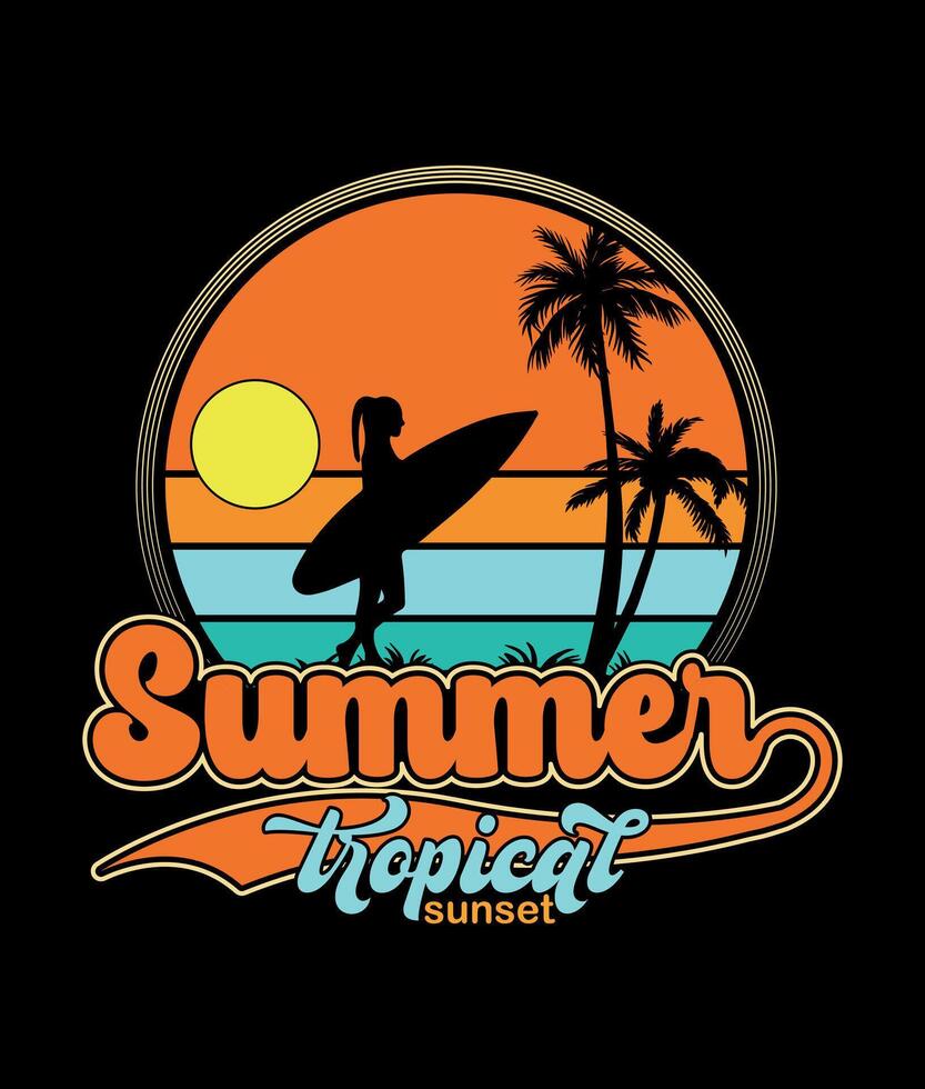 T-shirt design of summer tropical sunset surf in retro vintage style t shirt vector